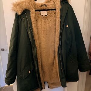 LOFT Green Coat with Soft Faux Fur Lining